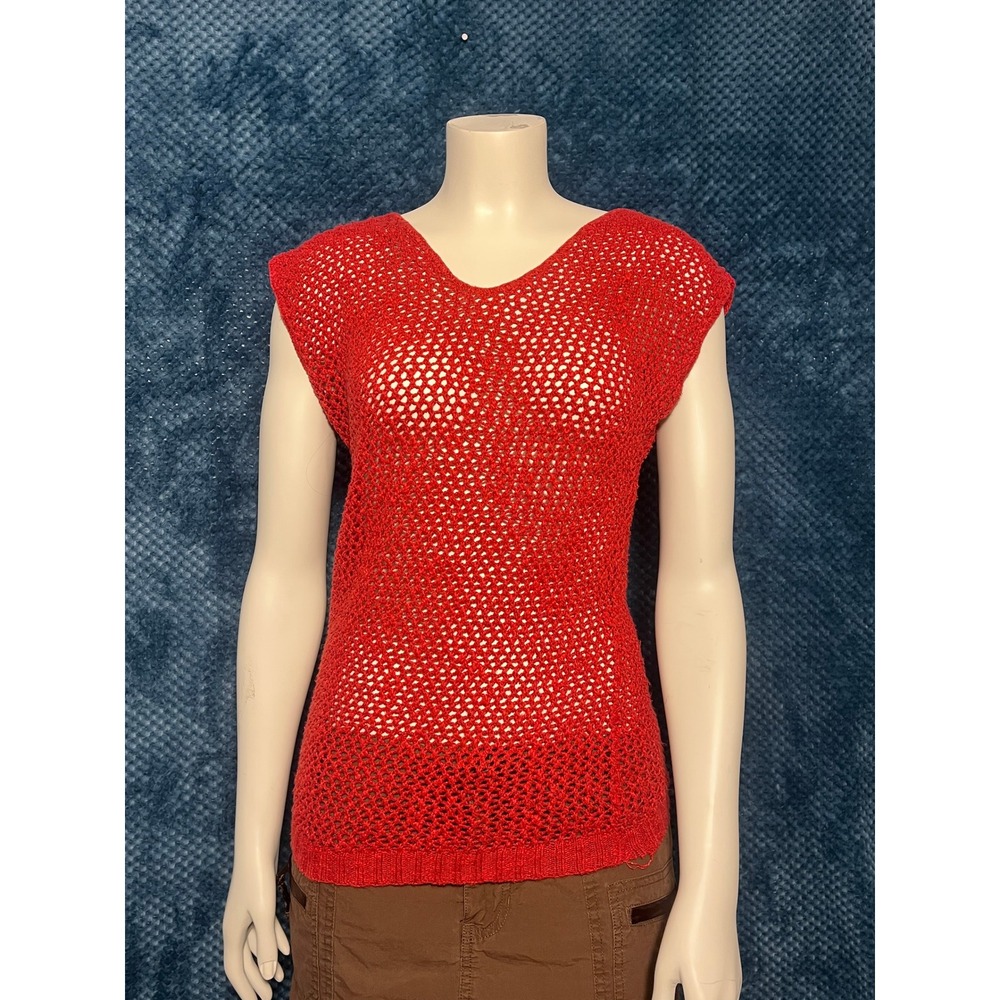 Red Open Knit Sweater Vest Crochet Mesh Top